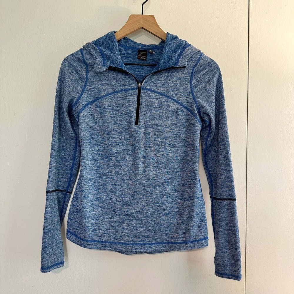 Z by Zella | Women's Blue Heathered Space Dye Hooded Pullover Quarter Zip, XS